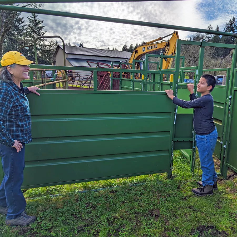 adult and child on a farm