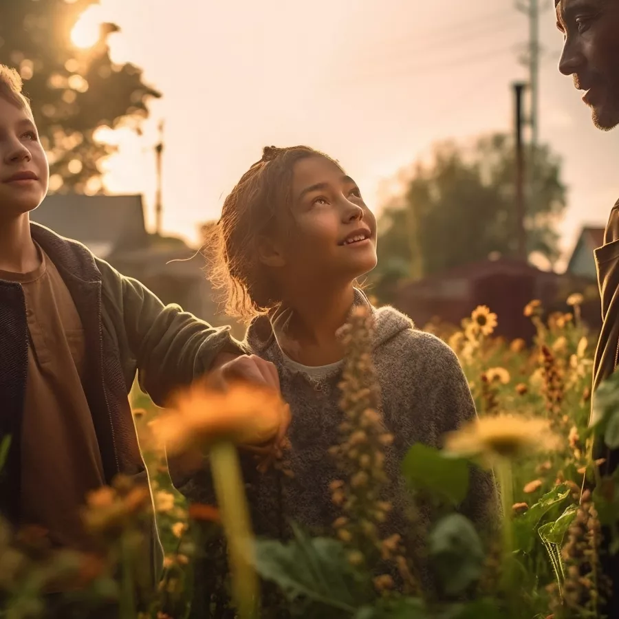 adult and 2 children on a farm